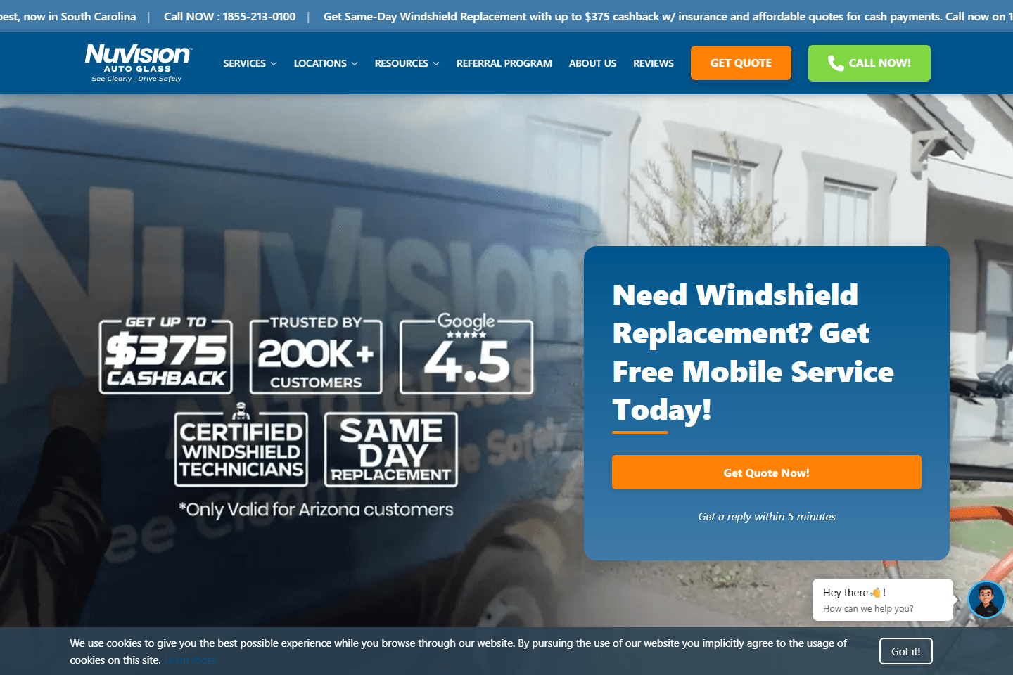 Screenshot of the NuVision Auto Glass website